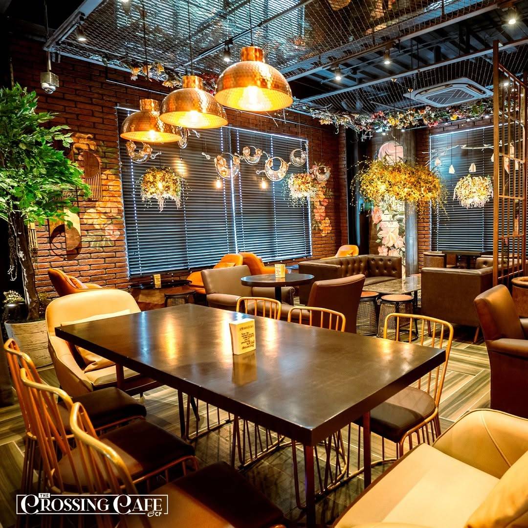 HANGING florals and cozy lounge seating.