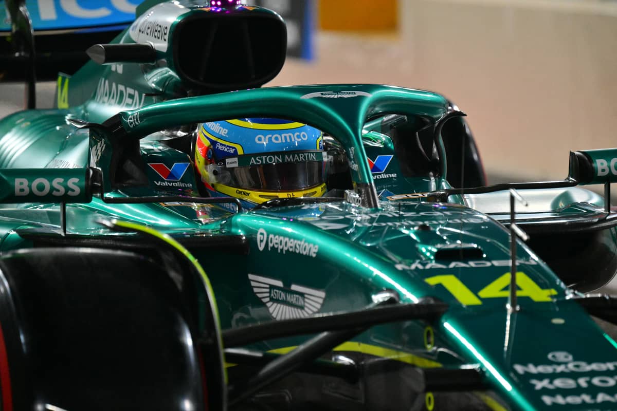 ASTON Martin driver Fernando Alonso exits the pit lane during qualifying at Yas Marina Circuit.