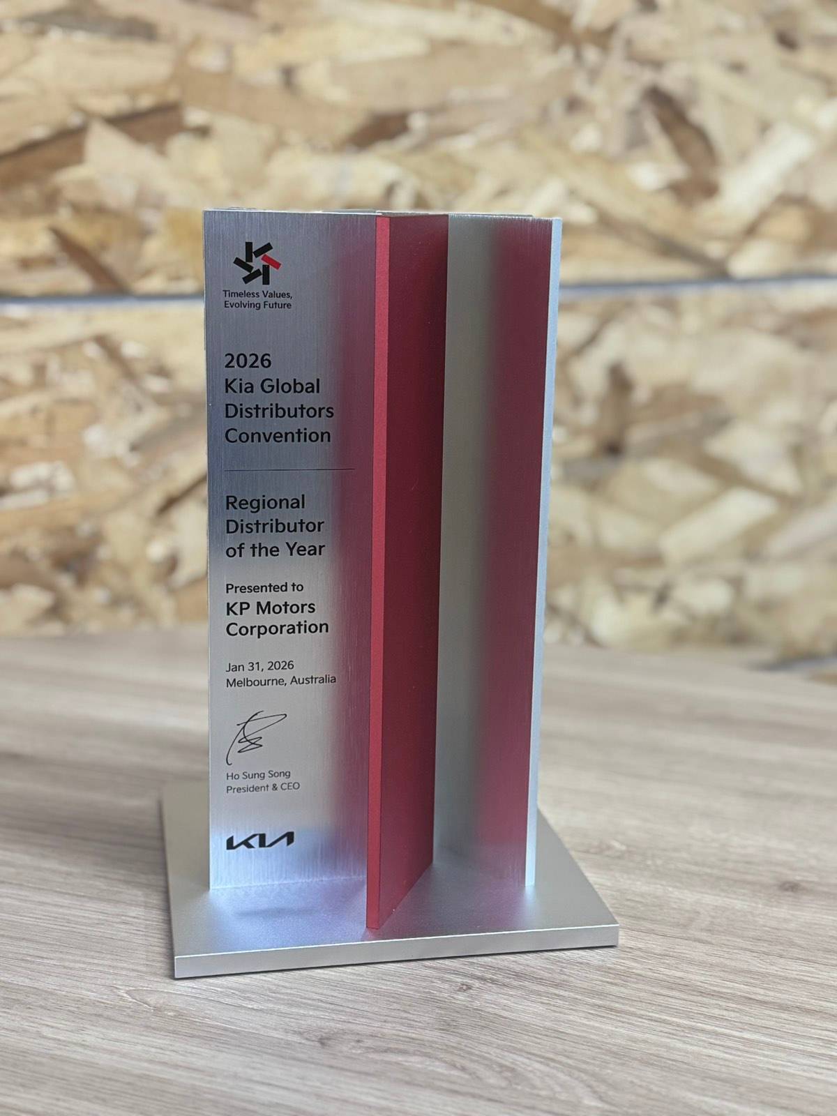The Regional Distributor of the Year award presented to KP Motors Corporation at the 2026 Kia Global Distributors Convention in Melbourne, Australia.