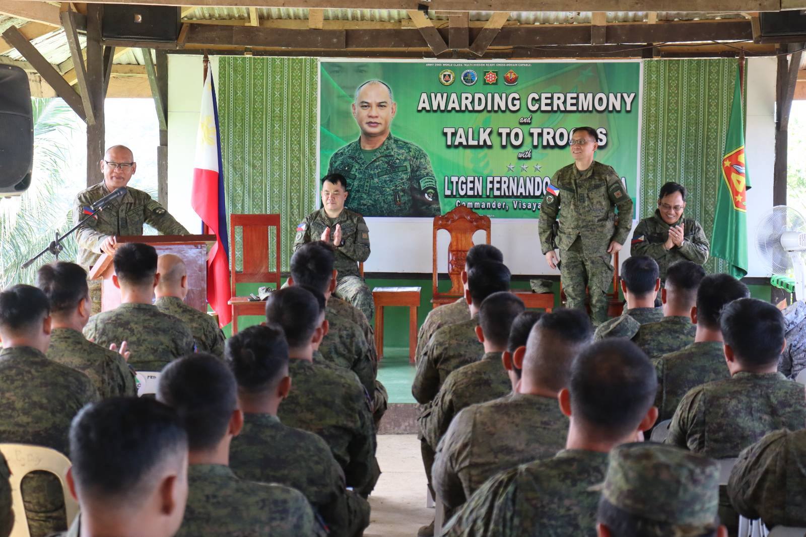 THE Visayas Command reinforced operational readiness and frontline leadership as Lt. Gen. Fernando Reyeg (left, standing), VisCom commander of the Philippine Army, led unit visits across Eastern Visayas, highlighting discipline, preparedness and troop gallantry.