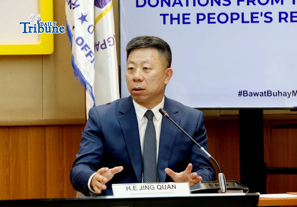 Chinese Ambassador to the Philippines Jing Quan speaks during the ceremonial signing of USD 1,000,000 cash assistance handover certificates for typhoon victims in the Philippines, from the government of the People’s Republic of China. The event was held at the DSWD Central Office in Quezon City on Monday, 2 March 2026.