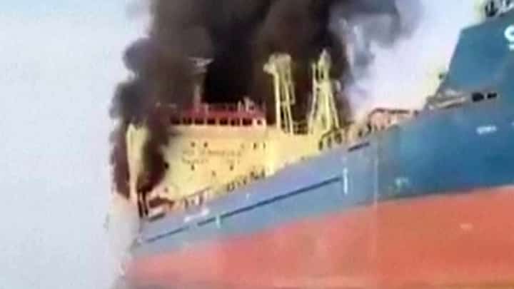 GULF fire rages The Palau-flagged tanker Skylight burns off Oman’s Musandam Peninsula after being struck, as US-Israel attacks on Iran ignite wider regional retaliation.