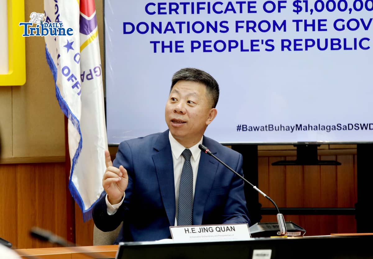 Chinese Ambassador to the Philippines Jing Quan speaks during the ceremonial signing of USD 1,000,000 cash assistance handover certificates for typhoon victims in the Philippines, from the government of the People’s Republic of China. The event was held at the DSWD Central Office in Quezon City on Monday, 2 March 2026.