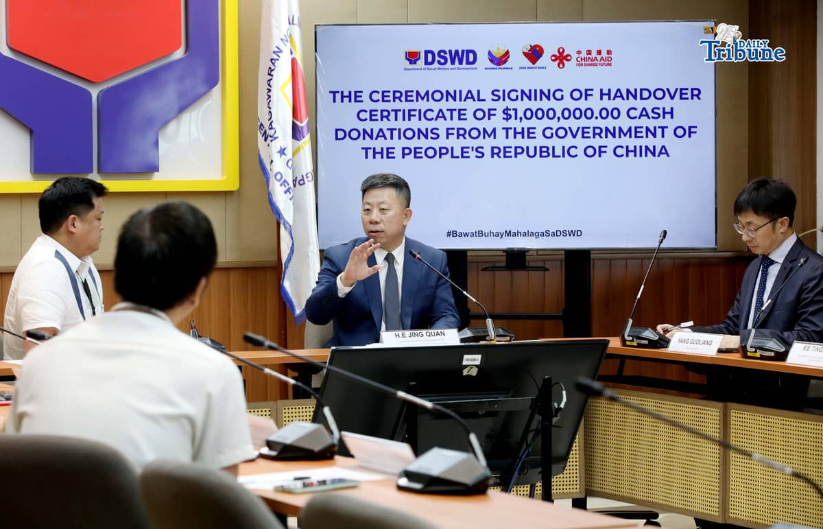 Chinese Ambassador to the Philippines Jing Quan speaks during the ceremonial signing of USD 1,000,000 cash assistance handover certificates for typhoon victims in the Philippines, from the government of the People’s Republic of China. The event was held at the DSWD Central Office in Quezon City on Monday, 2 March 2026.