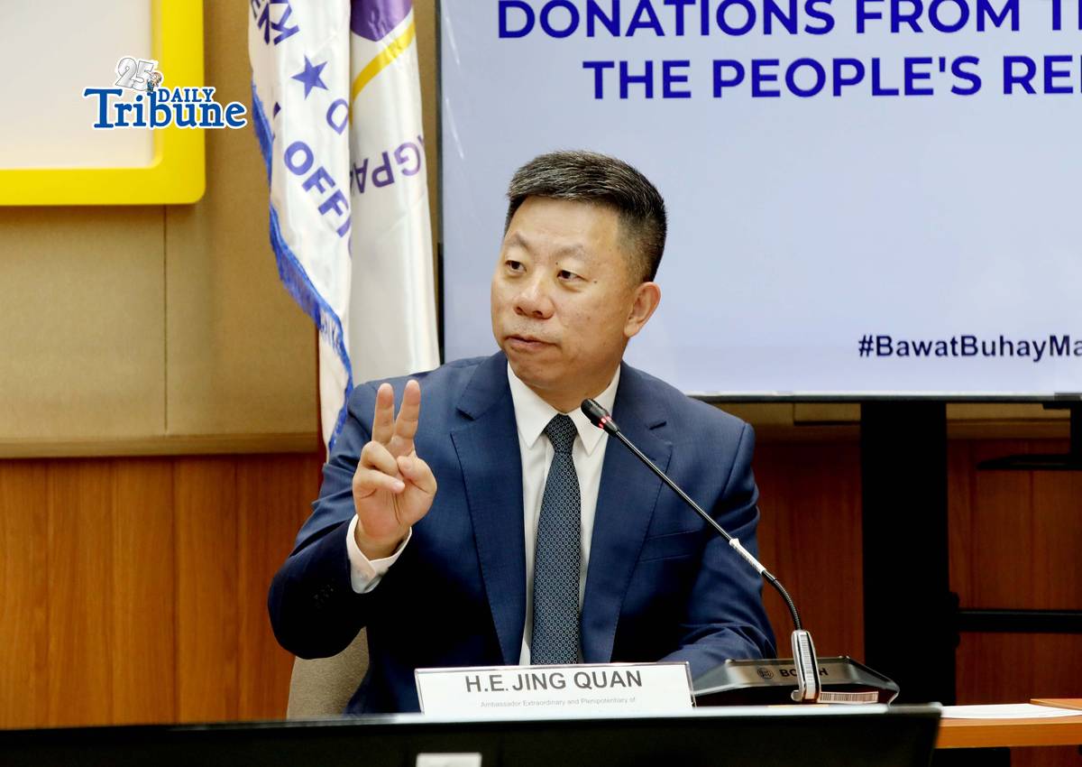 Chinese Ambassador to the Philippines Jing Quan speaks during the ceremonial signing of USD 1,000,000 cash assistance handover certificates for typhoon victims in the Philippines, from the government of the People’s Republic of China. The event was held at the DSWD Central Office in Quezon City on Monday, 2 March 2026.