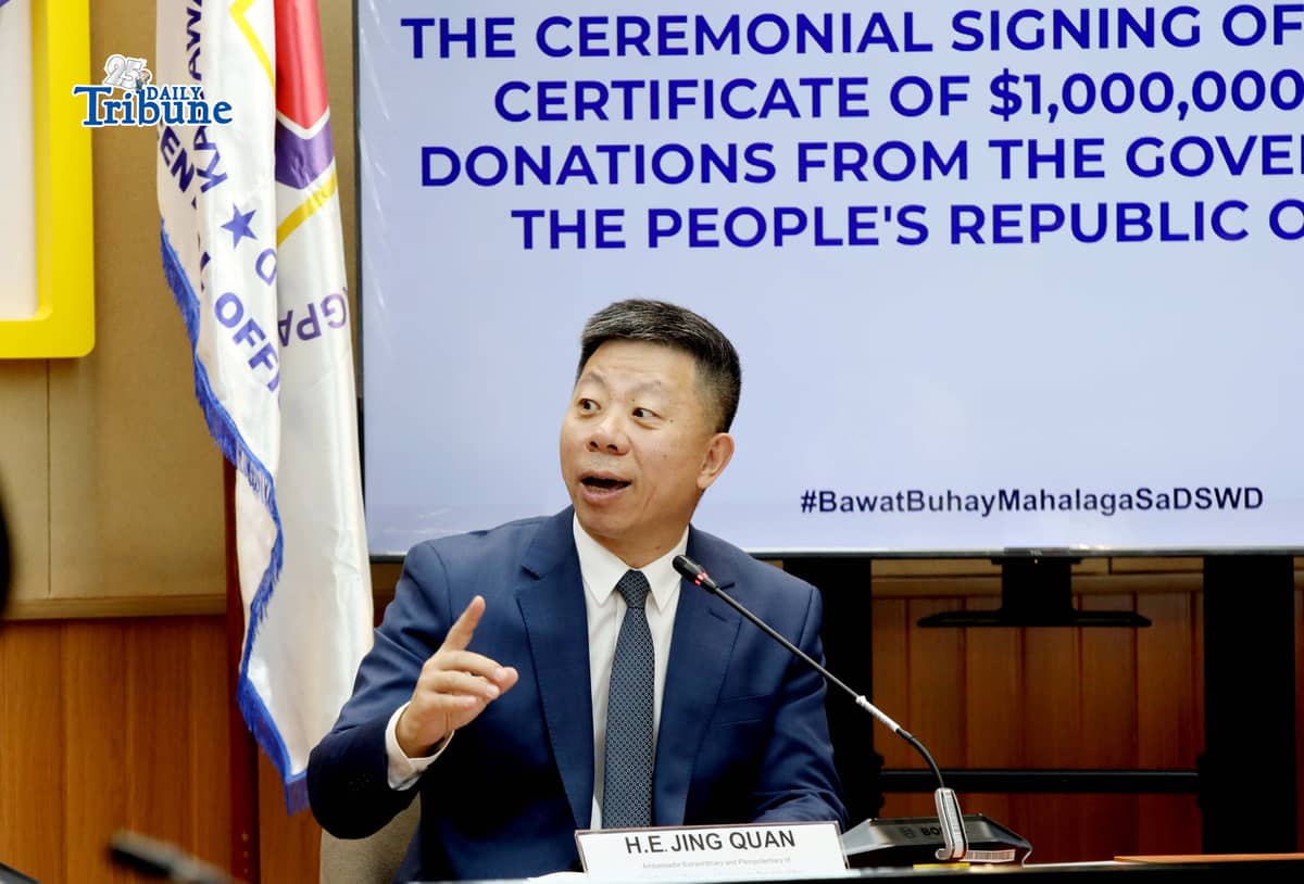 Chinese Ambassador to the Philippines Jing Quan speaks during the ceremonial signing of USD 1,000,000 cash assistance handover certificates for typhoon victims in the Philippines, from the government of the People’s Republic of China. The event was held at the DSWD Central Office in Quezon City on Monday, 2 March 2026.