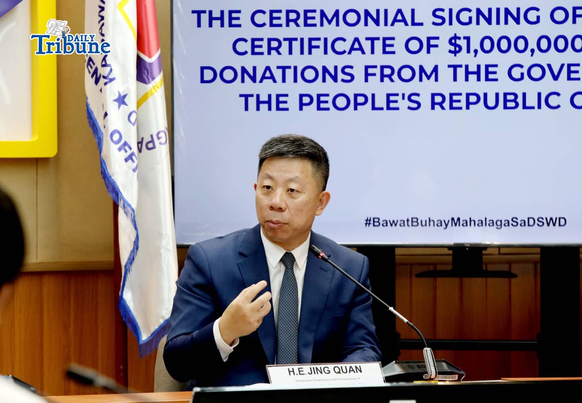 Chinese Ambassador to the Philippines Jing Quan speaks during the ceremonial signing of USD 1,000,000 cash assistance handover certificates for typhoon victims in the Philippines, from the government of the People’s Republic of China. The event was held at the DSWD Central Office in Quezon City on Monday, 2 March 2026.
