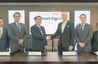 JASON de las Alas (3rd from left), assistant vice president and head of Park & Utilities Group of First Philippine Industrial Park, and Jay Lagdameo (4th from left), vice president and head of Enterprise Domestic Business at PLDT Enterprise, shake hands during the renewal of their companies’ partnership to strengthen digital infrastructure for industrial locators in Batangas.