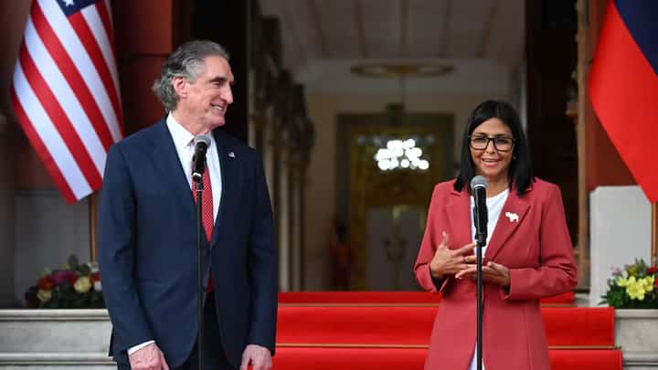 Venezuela’s interim president Delcy Rodriguez speaks alongside US Interior Secretary Doug Burgum after their meeting at the Miraflores Presidential Palace in Caracas, Venezuela, on March 4, 2026.