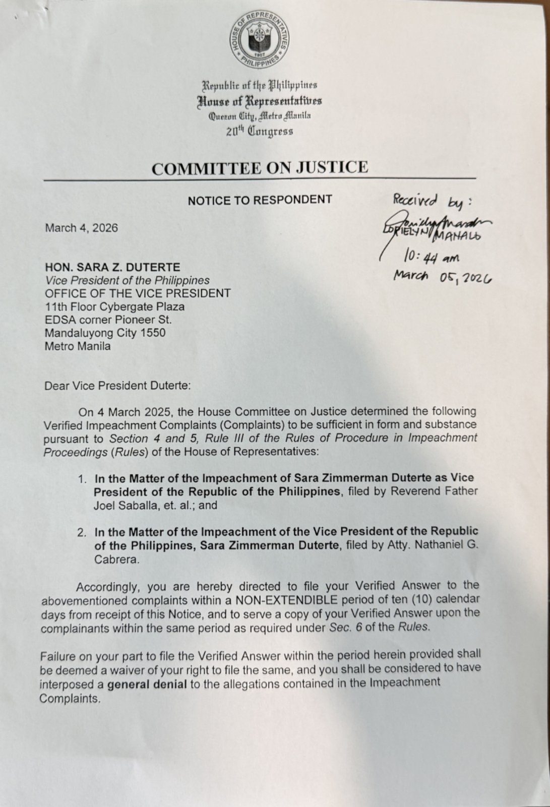 House panel directs VP Sara Duterte to answer impeachment complaints