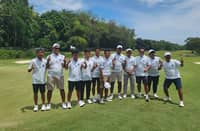 MEMBERS of the victorious Eastridge squad flash the No. 1 sign after topping the 77th Philippine Airlines Interclub in Davao City on Friday.
