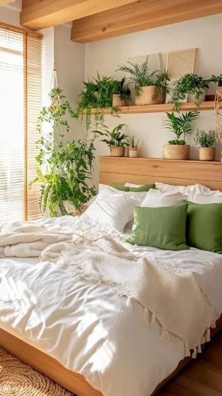NATURE-inspired greens transforming a bedroom into a calming sanctuary.