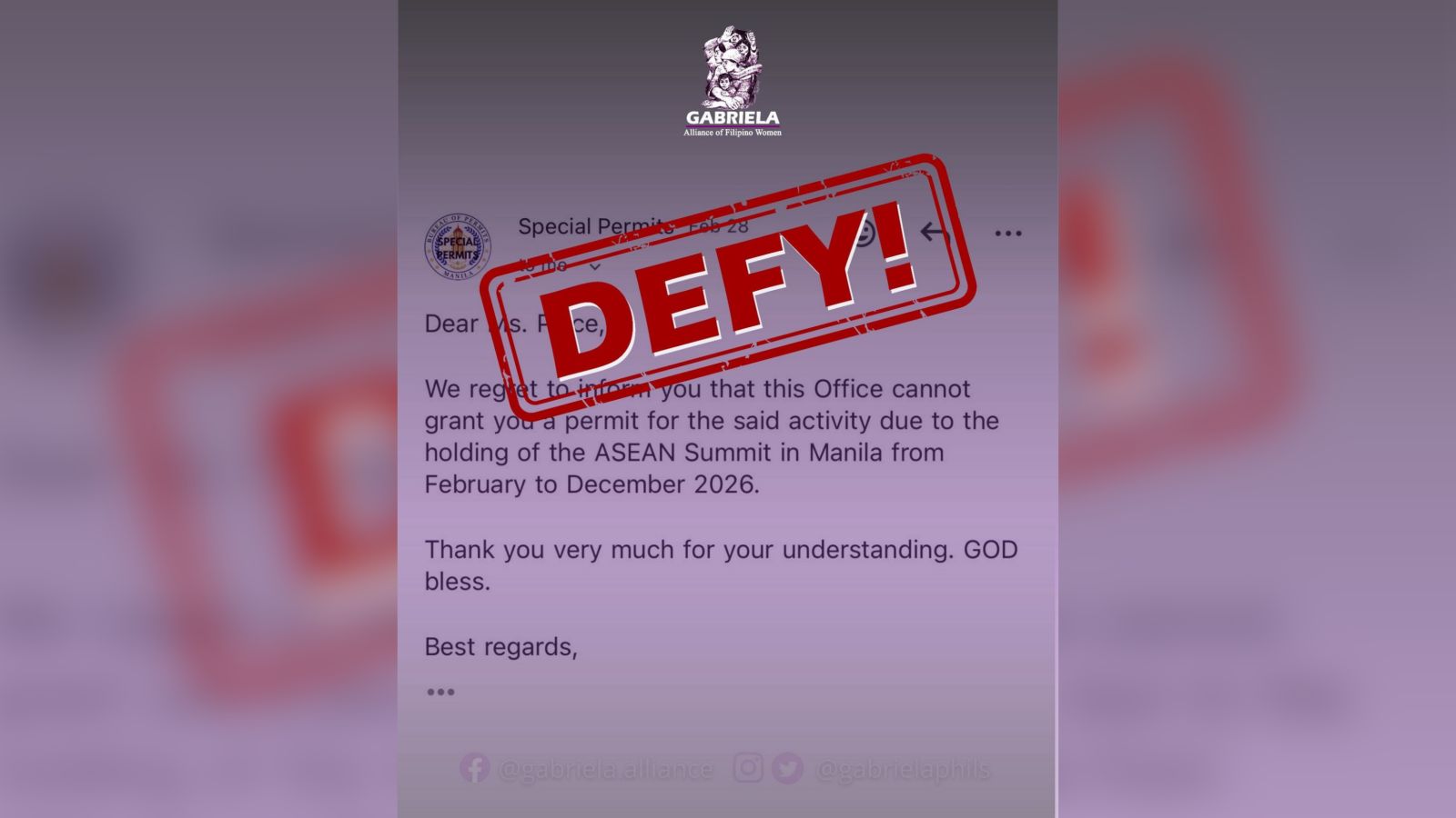 Gabriela, umalma sa desisyon ng Manila LGU; gobyernong Marcos, tinawag na ipokrito