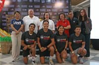 MEMBERS of the national triathlon team — Kim Remolino, Matthew Hermosa, Erika Burgos and Joshua Ramos (front row) — headline the PSC Filipino Elite Category of the 5150 Guimaras firing off Sunday. Also shown are (standing, from left) DoT regional director Cristanta Rodriguez, Rep. Dr. JC Rahman Nava, Gov. Lucille Nava, Sunrise Events, Inc. president Princess Galura, PSC commissioner Walter Torres and SK Federation president Hannah Callejas.