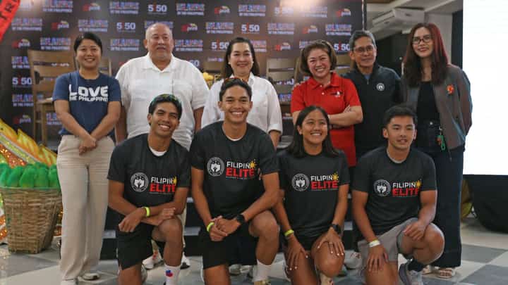 MEMBERS of the national triathlon team — Kim Remolino, Matthew Hermosa, Erika Burgos and Joshua Ramos (front row) — headline the PSC Filipino Elite Category of the 5150 Guimaras firing off Sunday. Also shown are (standing, from left) DoT regional director Cristanta Rodriguez, Rep. Dr. JC Rahman Nava, Gov. Lucille Nava, Sunrise Events, Inc. president Princess Galura, PSC commissioner Walter Torres and SK Federation president Hannah Callejas.
