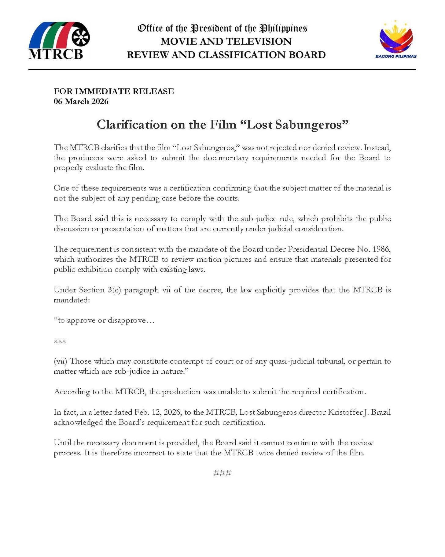 MTRCB clarifies review of ‘Lost Sabungeros’ documentary