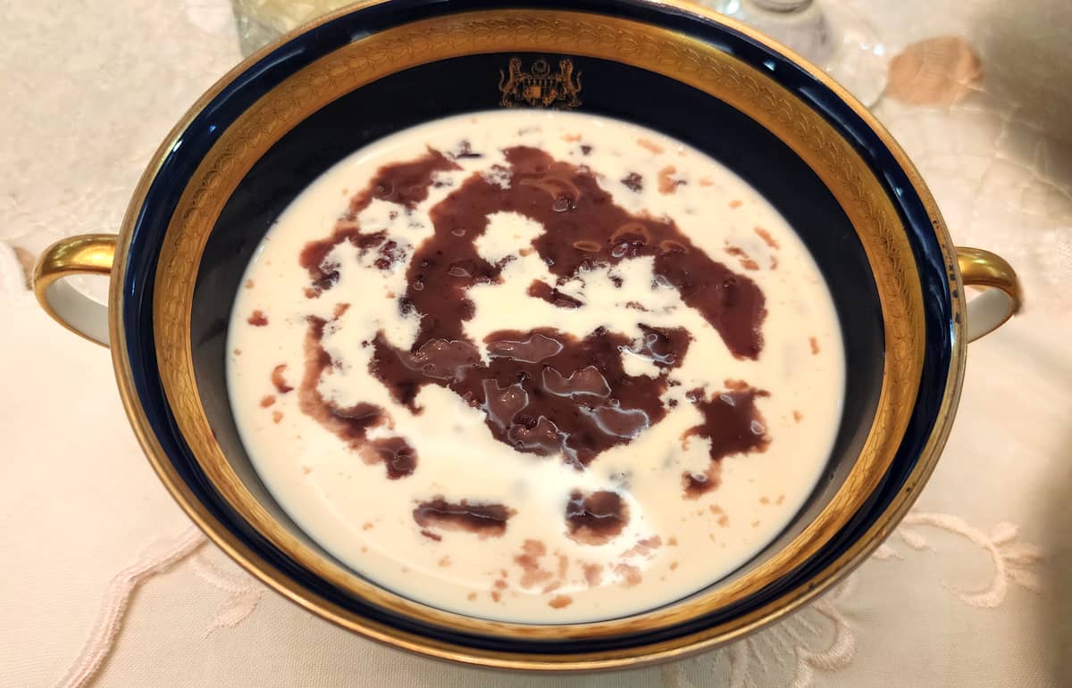 BUBUR pulut hitam, a sweet porridge of black glutinous rice and coconut milk.