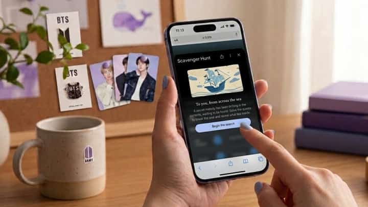 A FAN explores the BTS Scavenger Hunt on Google Search, an interactive feature that allows users to solve puzzles and unlock exclusive digital rewards ahead of the release of the group’s upcoming album Arirang.