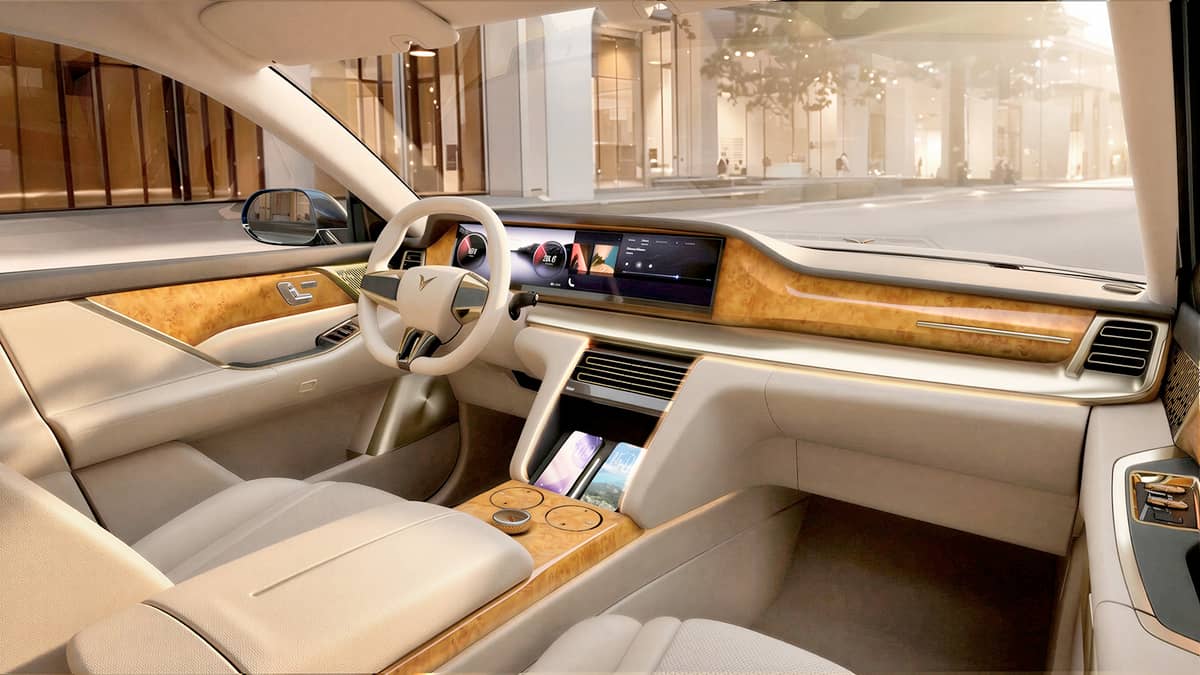 INTERIOR of the Lac Hong 800S features Nappa leather, rare wood trim and a wide digital display across the dashboard.