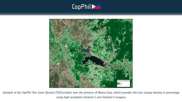Example of the CoPhil Tree Cover Density (TCD) product over the province of Nueva Ecija, which provides the tree canopy density in percentage using high-resolution Sentinel-1 and Sentinel-2 imagery.
