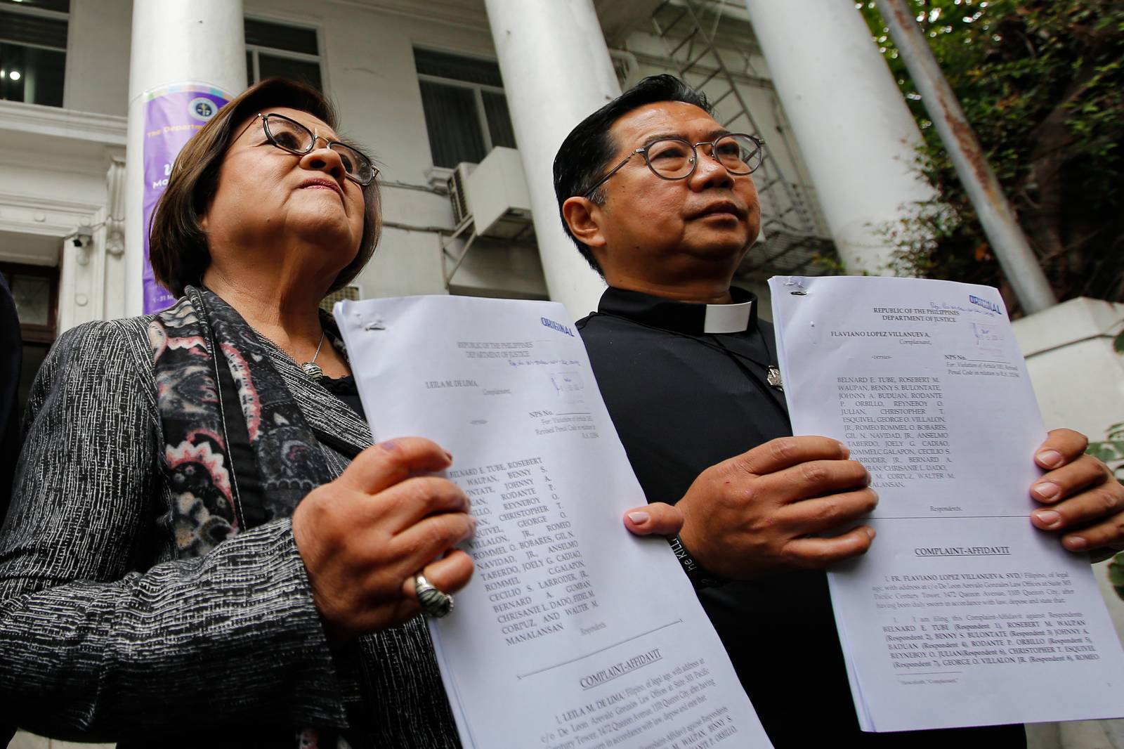 House Senior Deputy Minority Leader Leila de Lima and 2025 Ramon Magsaysay Award awardee Fr. Flavie Villanueva filed a perjury case at the Department of Justice on Monday, 09 March 2026, against 18 former Marines who claimed to have delivered cash for former representative Zaldy Co.