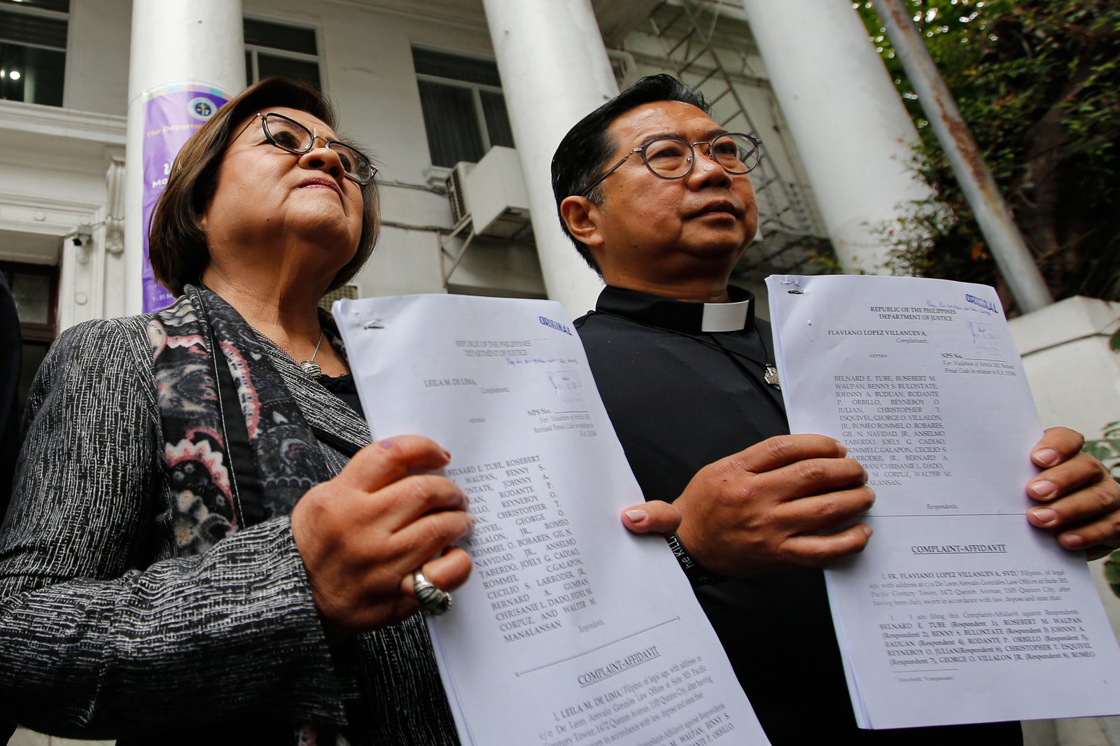 House Senior Deputy Minority Leader Leila de Lima and 2025 Ramon Magsaysay Award awardee Fr. Flavie Villanueva filed a perjury case at the Department of Justice on Monday, 09 March 2026, against 18 former Marines who claimed to have delivered cash for former representative Zaldy Co.