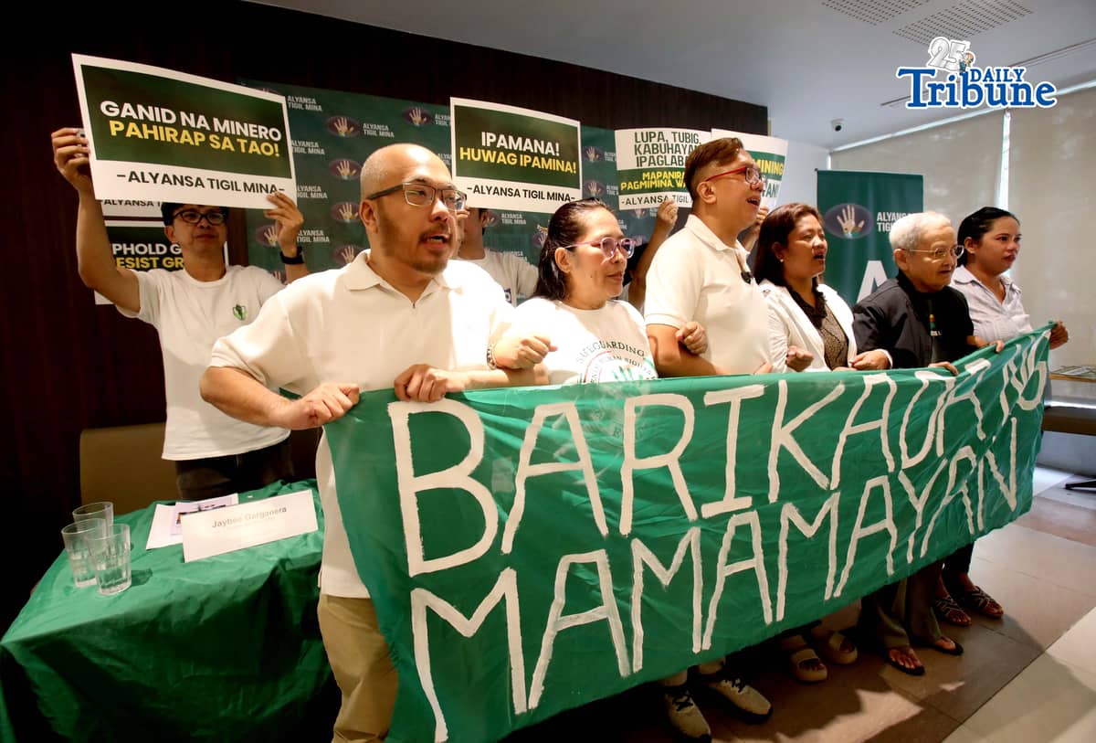 MINING HELL WEEK. Community leaders from five mining areas — Nueva Vizcaya, Leyte, Homonhon Island in Eastern Samar, and Sibuyan in Romblon — launch Alyansa Tigil Mina’s (ATM) “Mining Hell Week” campaign calling for an end to mining activities in their communities and urging the Department of Environment and Natural Resources to address their complaints and cancel existing mining permits during a press conference in Quezon City on 9 March 2026. | Photo by Analy Labor