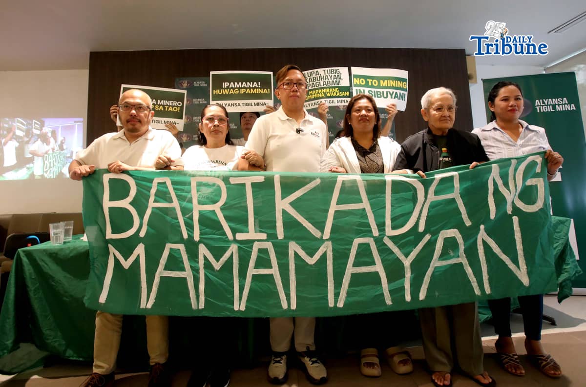 MINING HELL WEEK. Community leaders from five mining areas — Nueva Vizcaya, Leyte, Homonhon Island in Eastern Samar, and Sibuyan in Romblon — launch Alyansa Tigil Mina’s (ATM) “Mining Hell Week” campaign calling for an end to mining activities in their communities and urging the Department of Environment and Natural Resources to address their complaints and cancel existing mining permits during a press conference in Quezon City on 9 March 2026. | Photo by Analy Labor