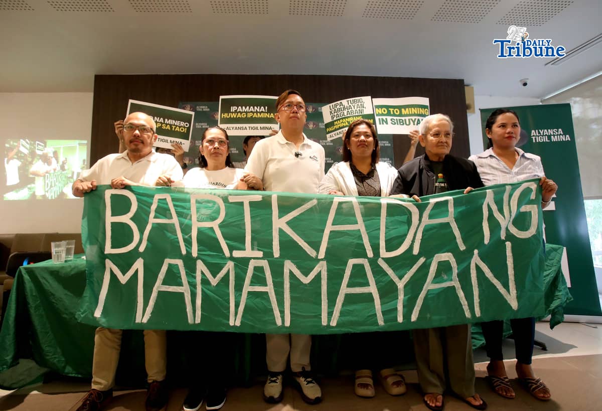 MINING HELL WEEK. Community leaders from five mining areas — Nueva Vizcaya, Leyte, Homonhon Island in Eastern Samar, and Sibuyan in Romblon — launch Alyansa Tigil Mina’s (ATM) “Mining Hell Week” campaign calling for an end to mining activities in their communities and urging the Department of Environment and Natural Resources to address their complaints and cancel existing mining permits during a press conference in Quezon City on 9 March 2026. | Photo by Analy Labor