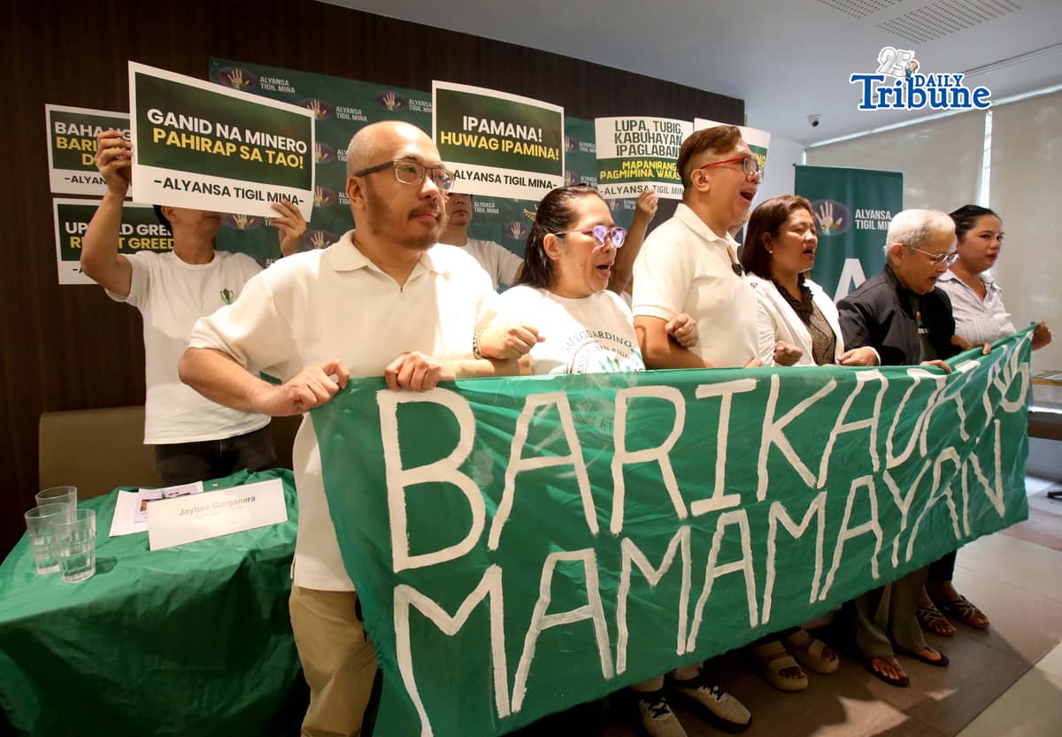 MINING HELL WEEK. Community leaders from five mining areas — Nueva Vizcaya, Leyte, Homonhon Island in Eastern Samar, and Sibuyan in Romblon — launch Alyansa Tigil Mina’s (ATM) “Mining Hell Week” campaign calling for an end to mining activities in their communities and urging the Department of Environment and Natural Resources to address their complaints and cancel existing mining permits during a press conference in Quezon City on 9 March 2026. | Photo by Analy Labor