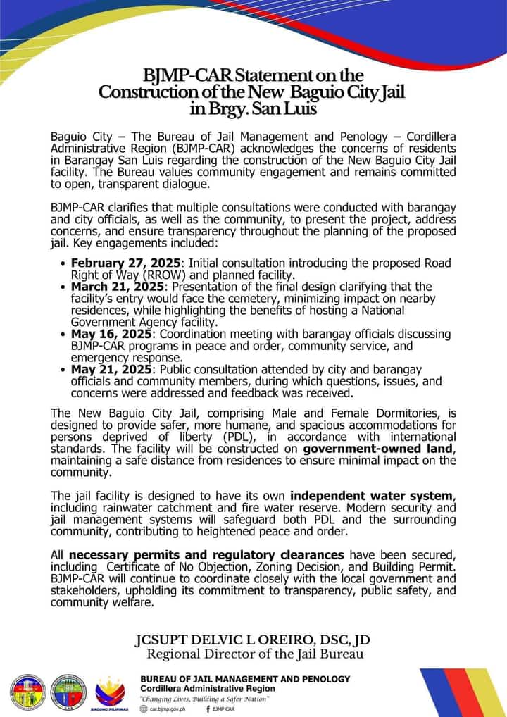 BJMP defends consultations on planned Baguio City Jail in Barangay San Luis