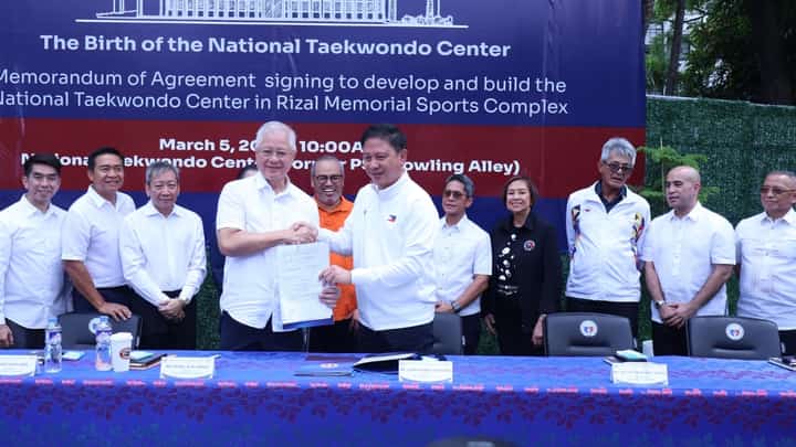 Philippine Taekwondo Association president Rafael Alunan and Philippine Sports Commission chairman Patrick ‘Pato’ Gregorio seal their partnership that will lead to the construction of the National Taekwondo Center inside the Rizal Memorial Sports Complex.