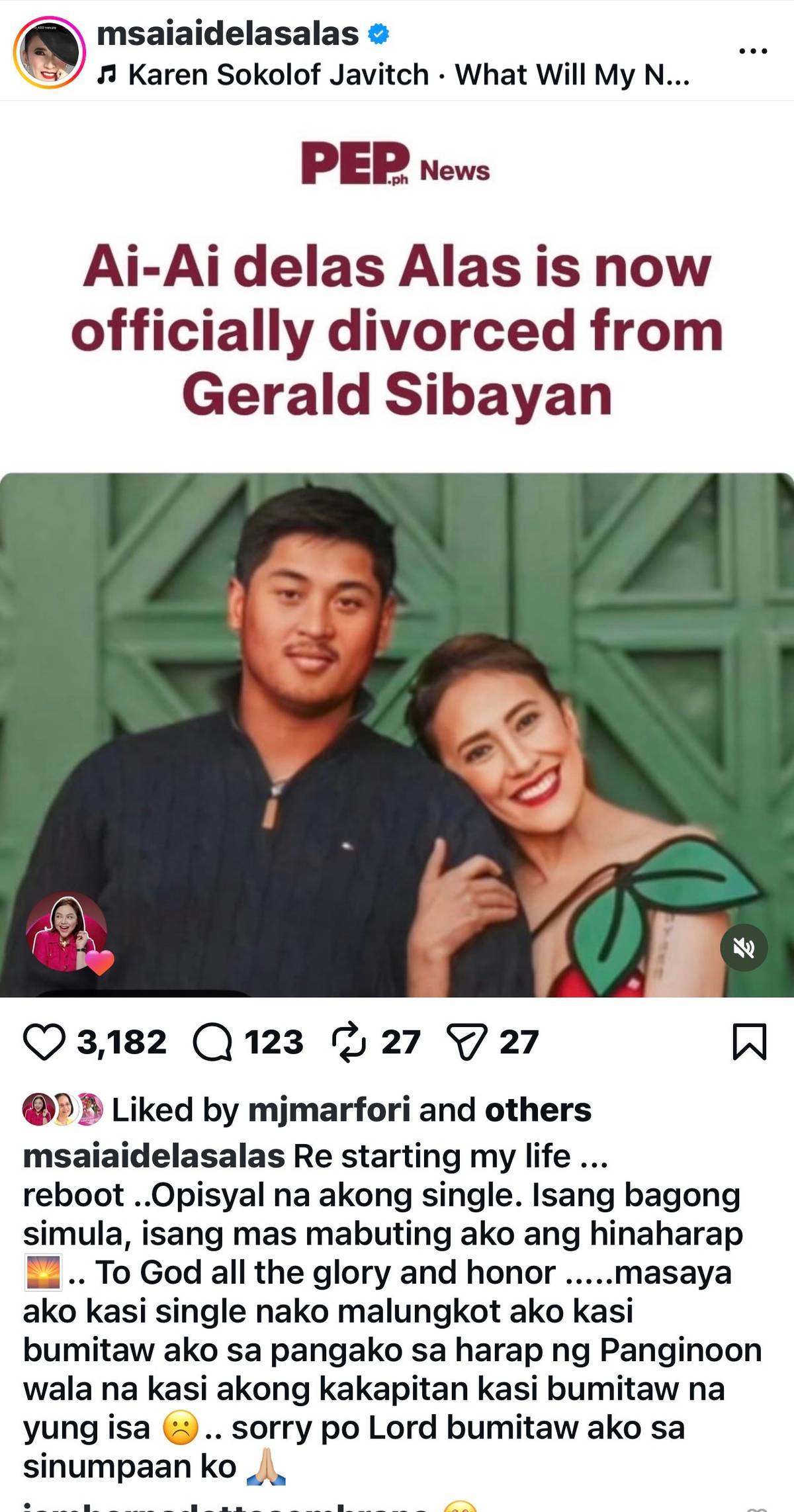 Aiai delas Alas repost on divorce with Gerald Sibayan
