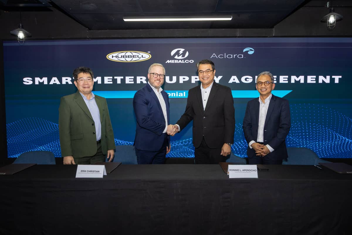 PARTNERSHIP for smart metering solutions. Meralco and Aclara Meters Philippines Inc. signed an agreement for the supply of smart meters that will support the distribution utility’s Advanced Metering Infrastructure Program. In photo are (from left) Aclara Meters Philippines Inc. president and general manager Waldo Darvin, Hubbell Inc. Grid Automation Division president Erik Christian, Meralco executive vice president and chief operating officer Ronnie L. Aperocho and Meralco senior vice president and head of Networks Froilan J. Savet.
