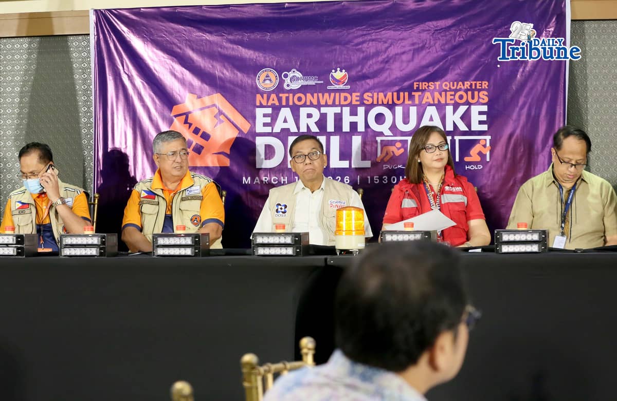 (March 12 2026) Asec Cesar M. Idio, CESO V - Chief of Staff and Acting Civil Defense Deputy Administrator for Operations, Usec. Harold N. Cabreros – Office of Civil Defense (OCD), Secretary Renato U. Solidum Jr. – Department of Science and Technology (DOST), Usec Diana Rose S. Cajipe - DSWD, Dir. Teresito C. Bacolcol – Philippine Institute of Volcanology and Seismology (PHIVOLCS) led the First Quarter Nationwide Simultaneous Earthquake Drill (NSED) ceremonial pressing of the button, with theme “Duck, Cover, and Hold: Gawin Dapat, Pero Hindi Sapat”. Held in Quezon City on Thursday March 12 2026. Photo/Analy Labor