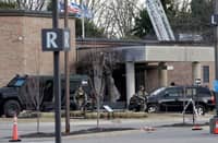 POLICE remain on site at the Temple Israel synagogue in West Bloomfield, Michigan, a Detroit suburb, on 12 March 2026, after an assailant drove a vehicle into the building.