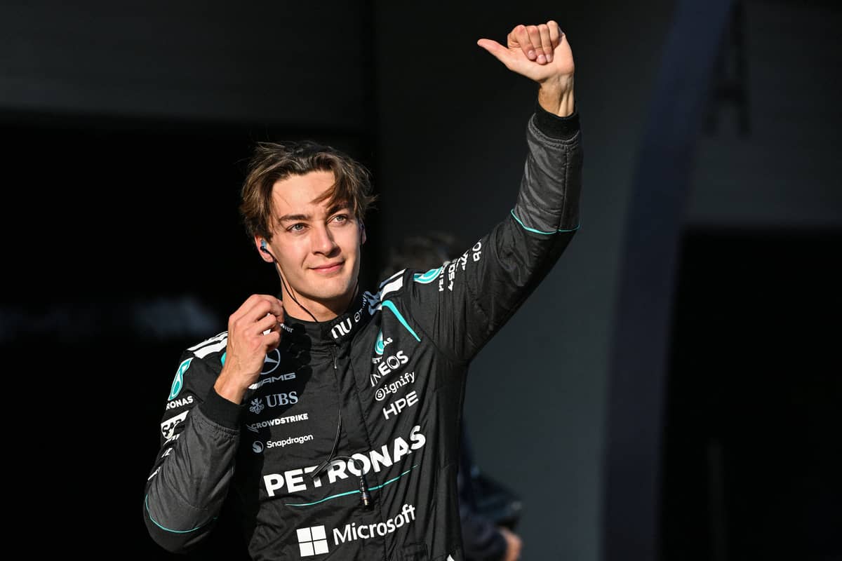POLE winner George Russell celebrates after leading a Mercedes front row in sprint qualifying for the China GP.