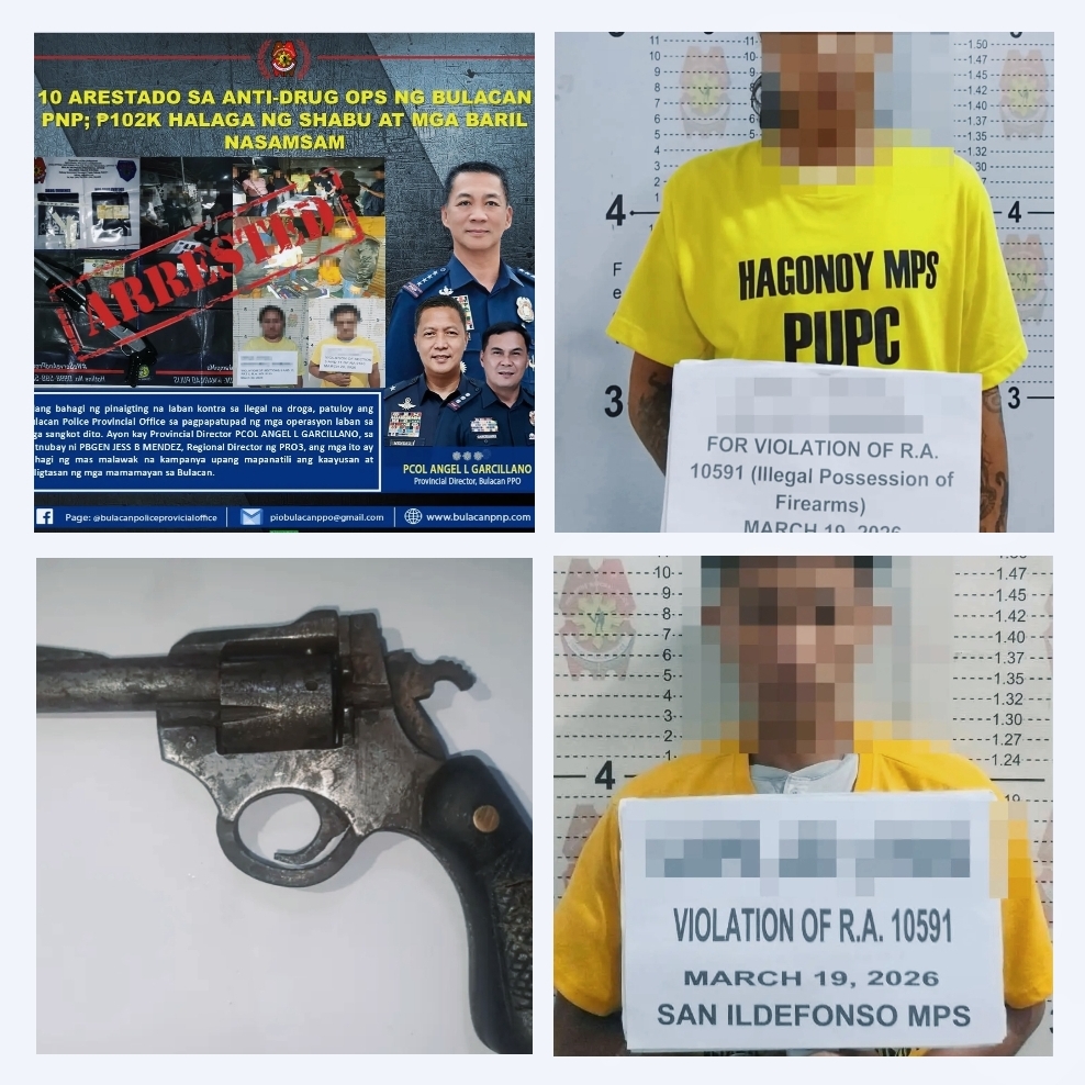 15 arrested in Bulacan; P102K shabu, 5 guns seized
