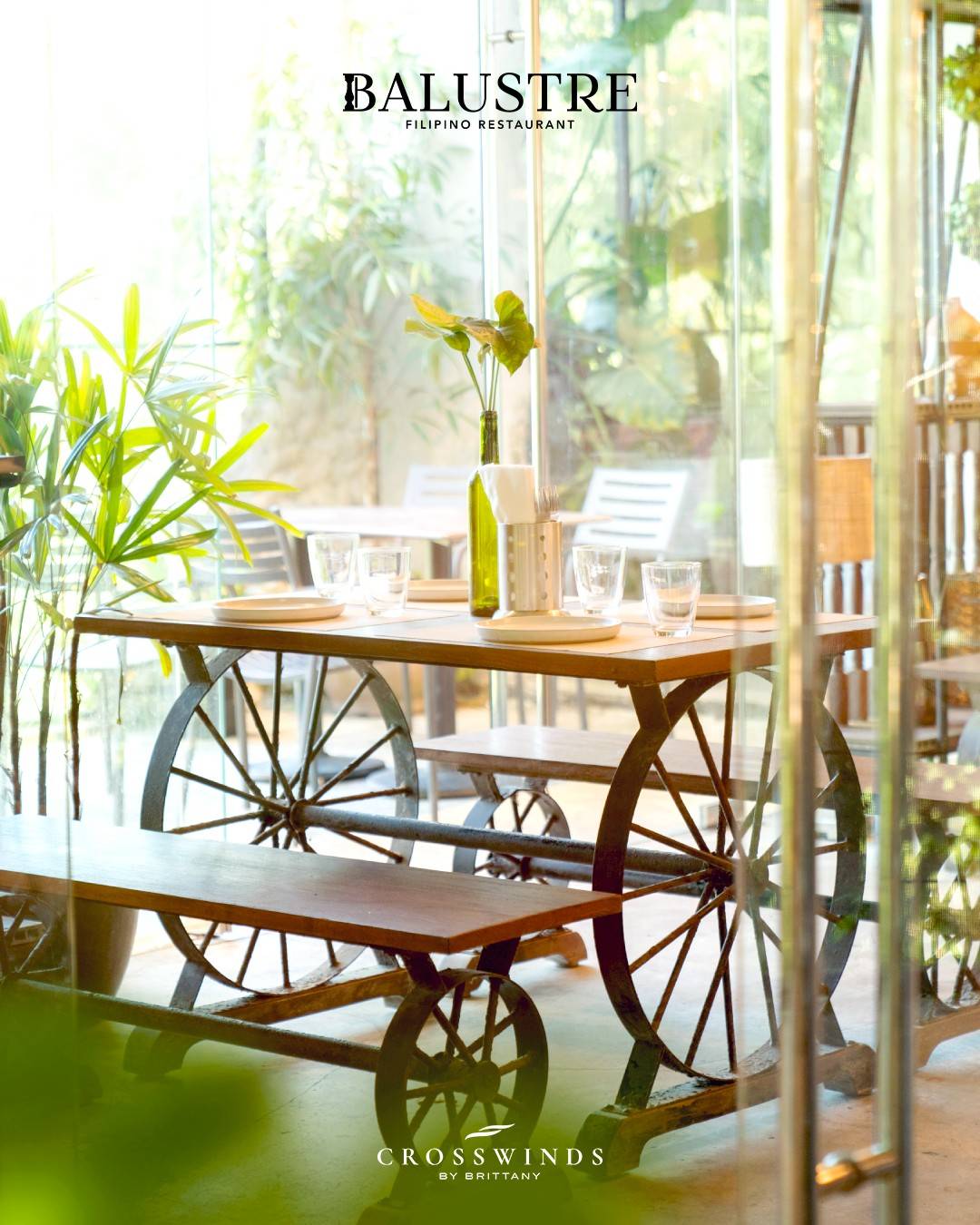 RUSTIC wooden table with wheel-shaped legs for that countryside vibes.