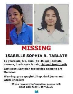 Search on for missing 15-year-old girl from Pasig