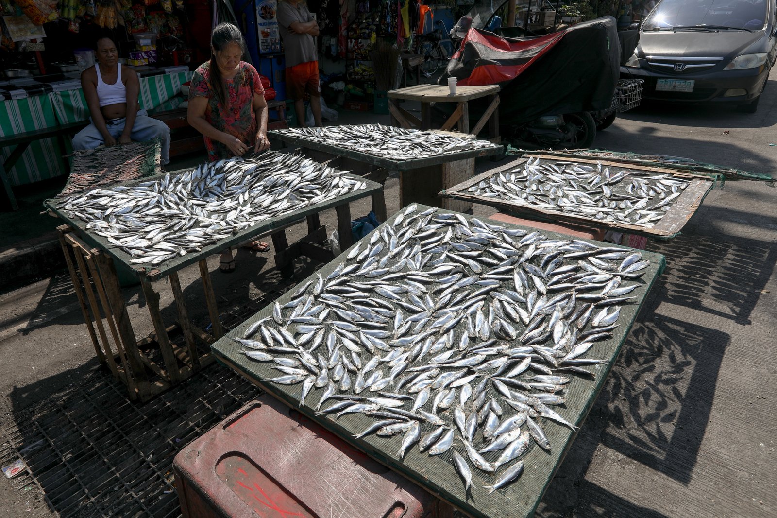 Fishes are seen laid on a net to be dried up for preservation along Road 10, Navotas underneath scorching sun.| Aram Lascano