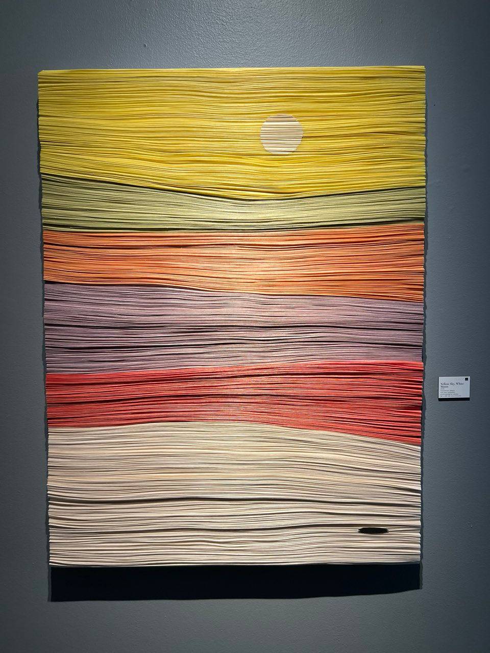 YELLOW Sky, White Moon, 2026, Handwoven raffia, abaca and spun polyester embroidered on canvas, 36” x 48.”