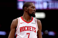 Kevin Durant #7 of the Houston Rockets looks on during the game between the Miami Heat and the Houston Rockets at Toyota Center on March 21, 2026 in Houston, Texas