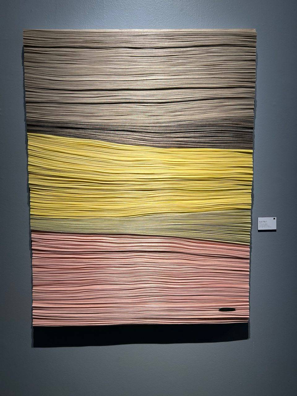 PINK Sky I, 2026, Handwoven raffia, abaca and spun polyester embroidered on canvas, 36” x 48.”