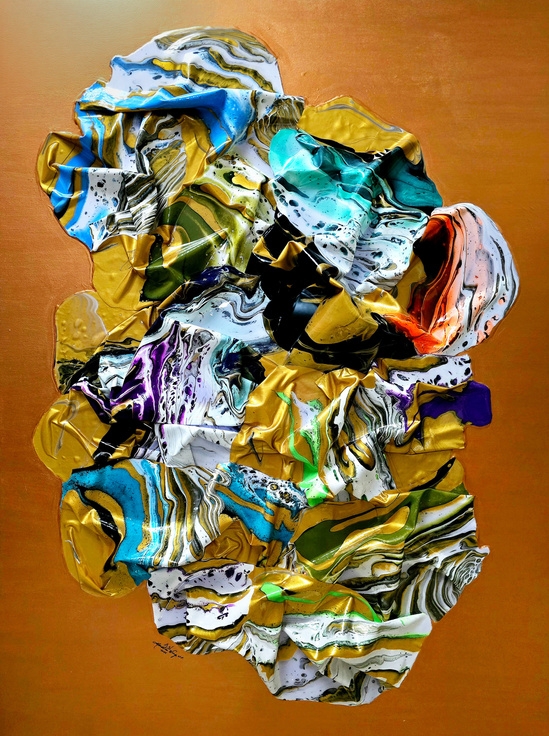 ‘CREASES That Shine #1,’ Mixed Media, 48 in x 36 in, 2026.