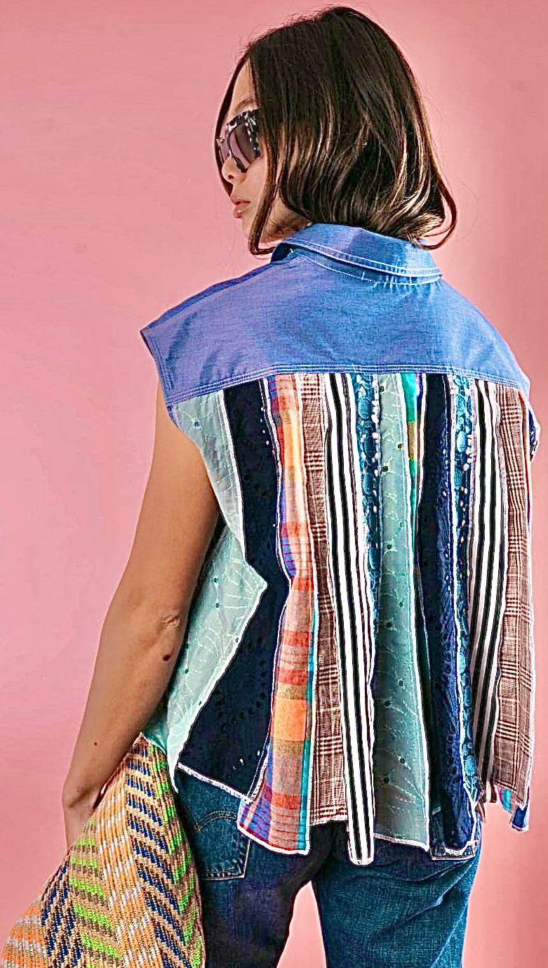 DENIM shirtjack using scraps of tweed, lace, and eyelet for the back