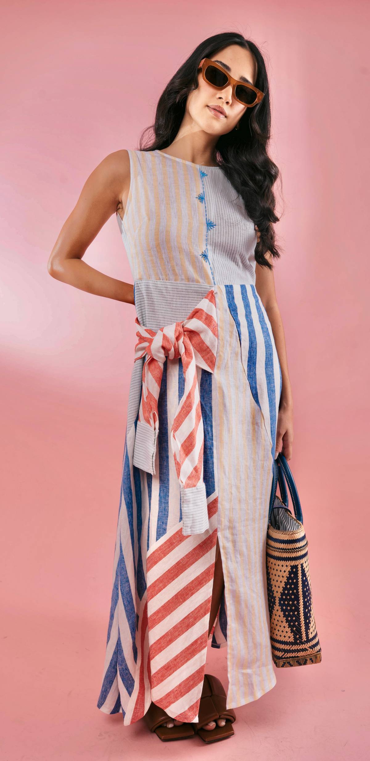PATCHWORK stripes shirtdress. We elevate our pieces with hand stitching and hand embroidery.