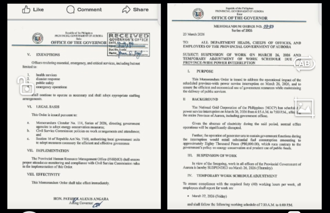 Aurora suspends gov’t work on 26 March due to power outage