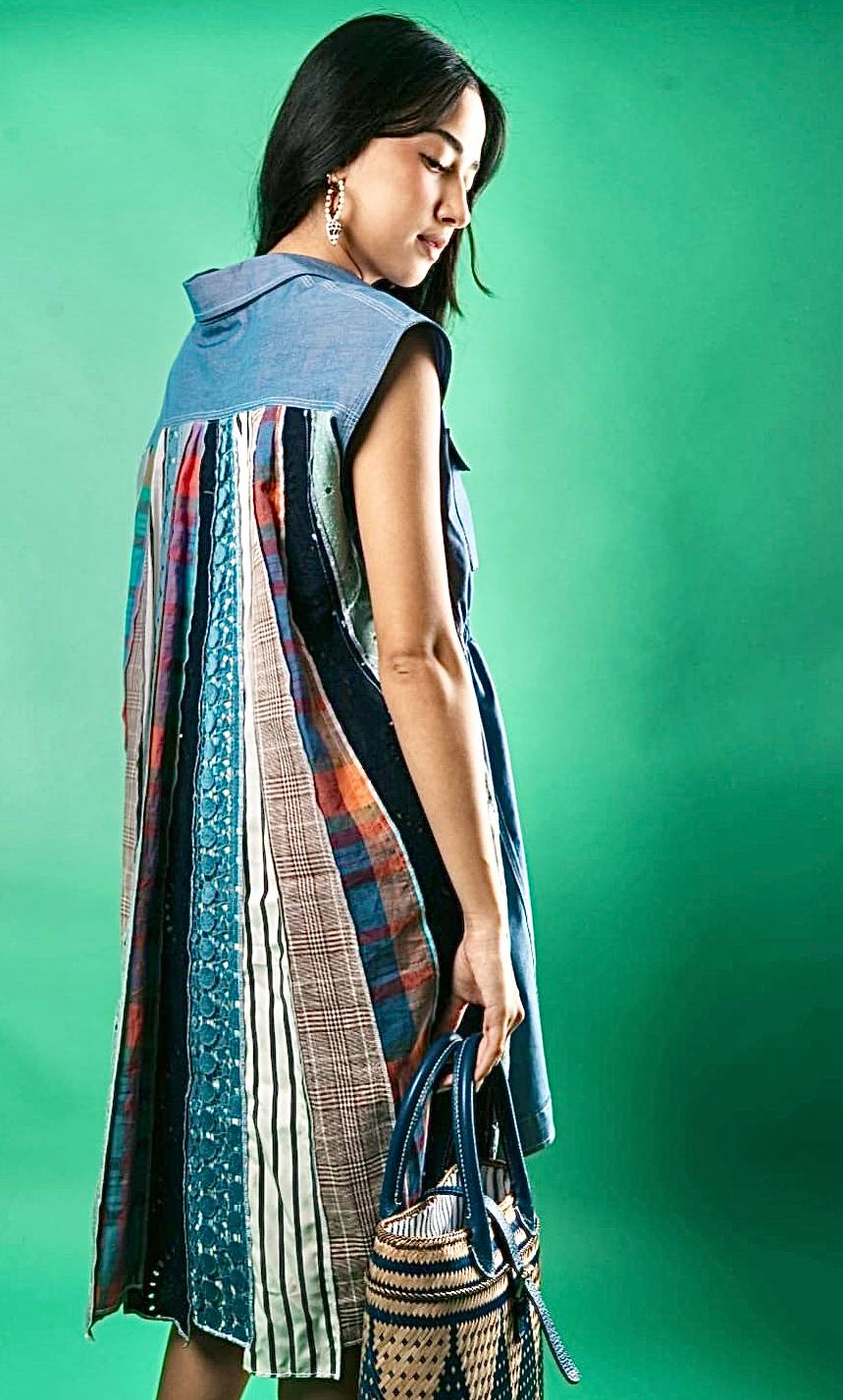 DENIM dress with back detail of tweed, lace, and eyelet scraps