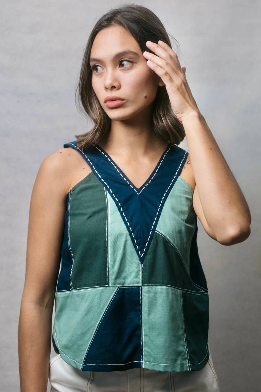 LOLA top in shades of green and blue linen. Hand stitching in cream on the v neckline